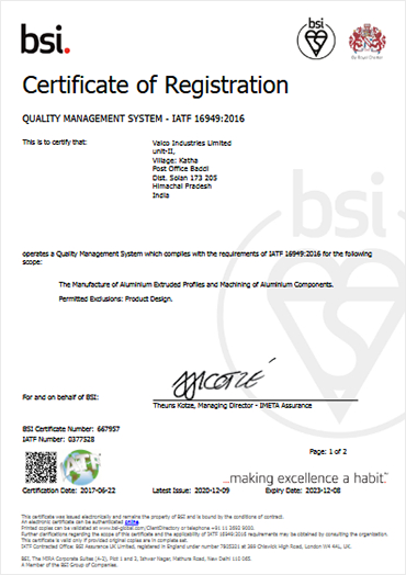 Valco Industries Limited IATF 16949 certificate