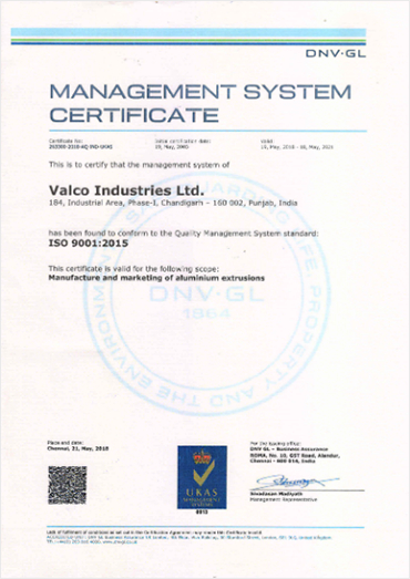 Valco Industries Limited Management System certificate